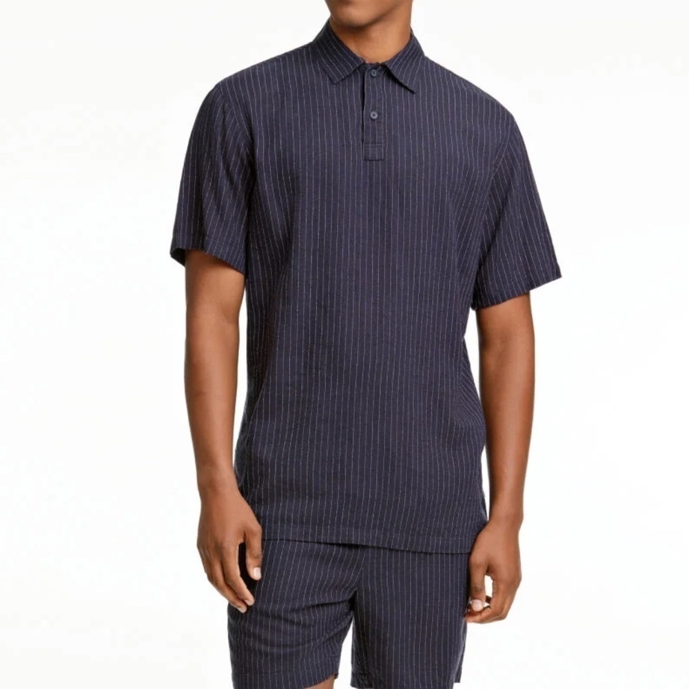 [NWT] Lindbergh Navy White Striped Linen Short Sleeve Collared Polo Shirt - Sz S